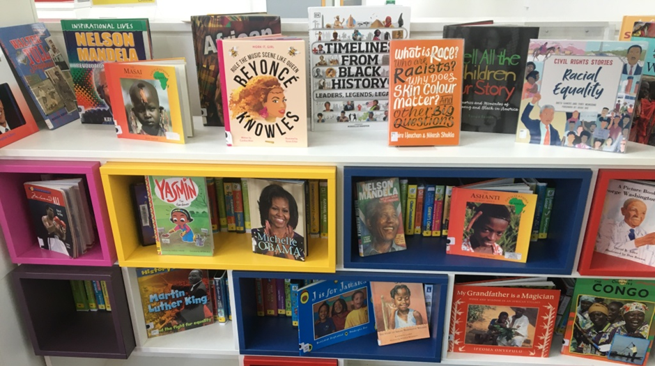 Image showing Black History Month Children's Book Display at Palmers Green Library, containing children's fiction and non-fiction books about Black History and influential Black people.