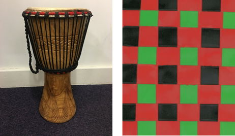Two photos. First showing an African drum used for a storytime session. Second showing a woven paper Kwaanza mat made during a craft session.