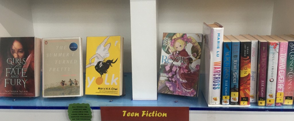 Photo showing a shelf of selected Teen Fiction Books by ESEA authors available at Palmers Green Library 