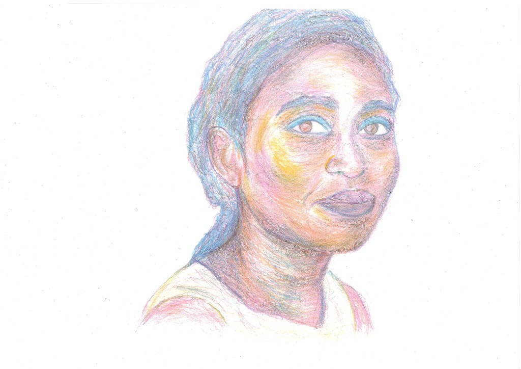 Pencil colour portrait of Helen Oyeyemi